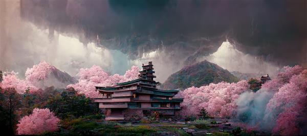 تصویر شطرنجی معبد زیبای چینی یا ژاپنی در سرزمین باستان آسیای طلوع خورشید درختان صورتی شکوفه‌های گیلاس کوه‌ها جنگل باران باران ابرها رندر سه بعدی اثر هنری