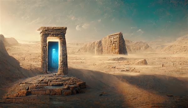 در صحرا با بقایای معماری ویران شده دریچه ای به دنیایی دیگر قرار دارد تصویر سه بعدی