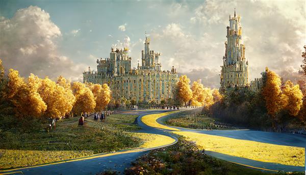 تصویر شطرنجی از رودخانه ای که به یک قلعه بسیار بزرگ منتهی می شود اتاق های سلطنتی قصر در میان طبیعت وحشی پاییزی دوران باستان درختان زرد معبد رندر سه بعدی آثار هنری