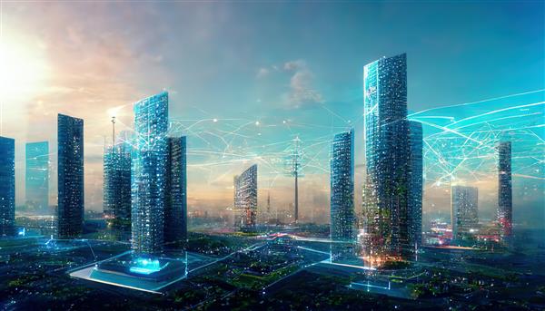 تصویر شطرنجی شهر مدرن با برج‌های ارتباطی با سیم‌های آبی نئون برق کره اتصال به اینترنت با شبکه تلفن همراه 5G ساختمان‌های آسمان تاریک آینده آثار هنری سه بعدی