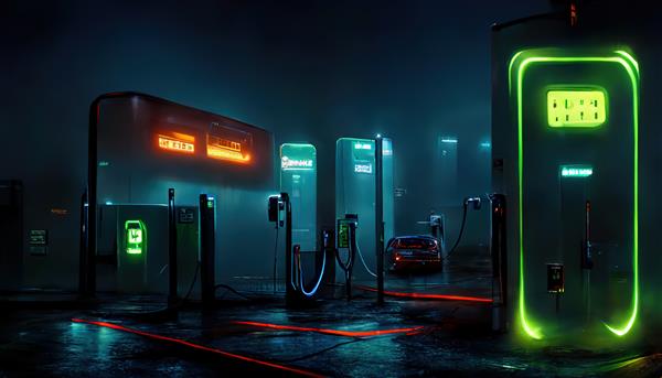 پمپ بنزین با ستون های led در کنار جاده در شب