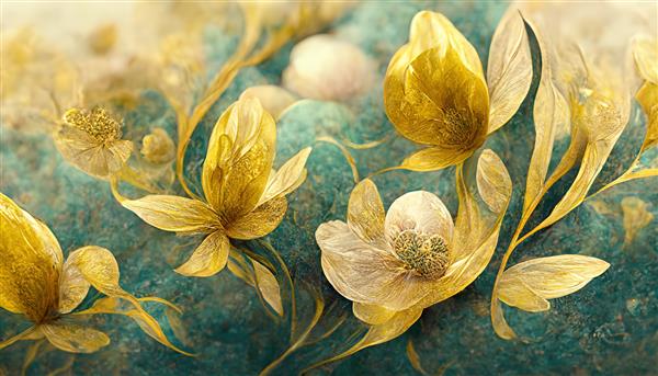 گل‌ها و شاخه‌های طلایی زیبا در پس‌زمینه روشن دکور گل‌های قدیمی برای کارت پستال تصویر سه‌بعدی گیاهی خارق‌العاده