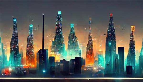 تصویر شطرنجی از نمای آسمان‌خراش‌های کلانشهر شب با مناره‌های نوک تیز برج‌های ارتباطی نئون سلولی نورهای آبی فیروزه‌ای فناوری سایبرپانک آینده شهر مفهومی آثار هنری سه بعدی