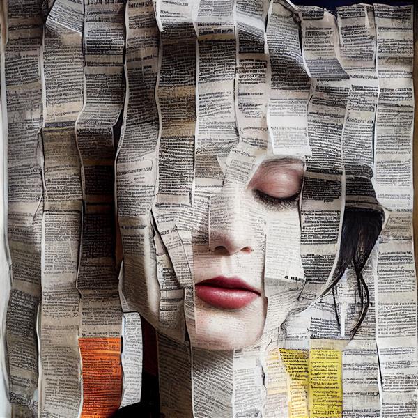 پرتره کلاژ زن ساخته شده از روزنامه ها و مجلات رندر سه بعدی