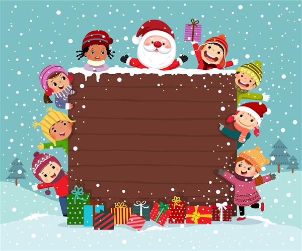 تخته چوبی کریسمس مبارک با گروه بچه ها و بابا نوئل