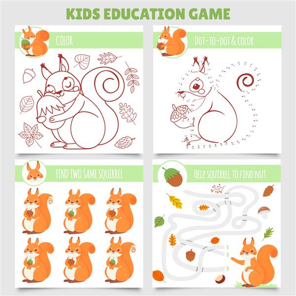 بازی کودکان سنجاب کارتونی دو تصویر مشابه ماز سنجاب و مهره بازی رنگ آمیزی و نقطه به نقطه را پیدا کنید