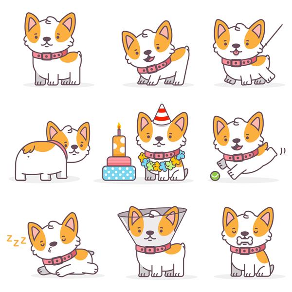 مجموعه شخصیت های سگ کارتونی بامزه کورگی توله سگ های خنده دار کوچک جدا شده در پس زمینه سفید