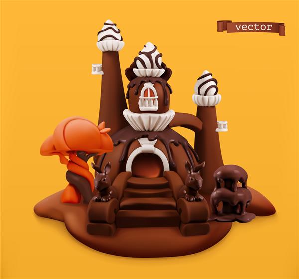قلعه شکلاتی شیرین شی کارتونی وکتور سه بعدی تصویرسازی هنری پلاستیکین