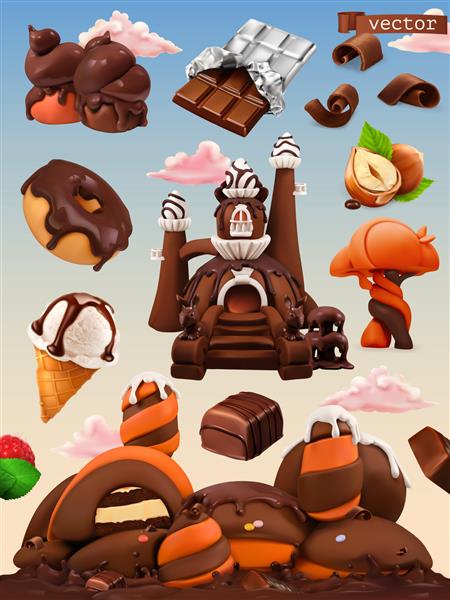 کارخانه شیرین تصویر کارتونی قلعه شکلاتی مجموعه آیکون های وکتور سه بعدی
