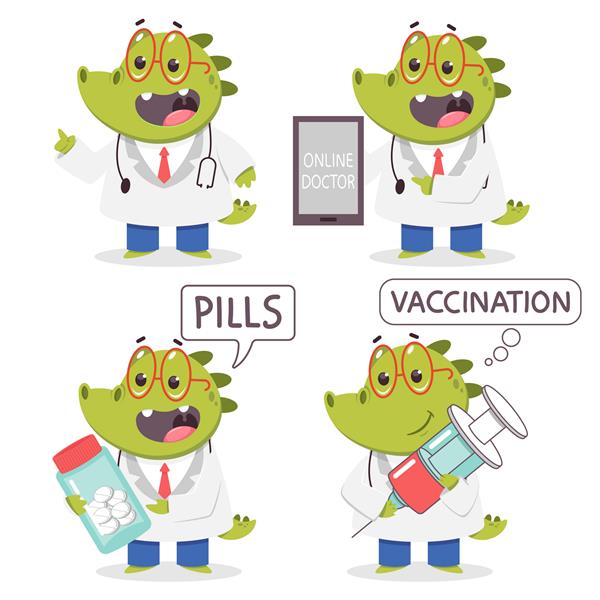 شخصیت‌های پزشکی خنده‌دار کارتونی کروکودیل پزشک کودکان جدا شده روی پس‌زمینه سفید