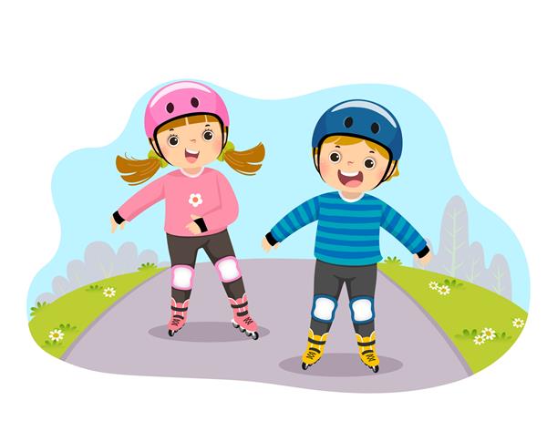کارتون بچه هایی با کلاه ایمنی در حال بازی روی اسکیت در پارک