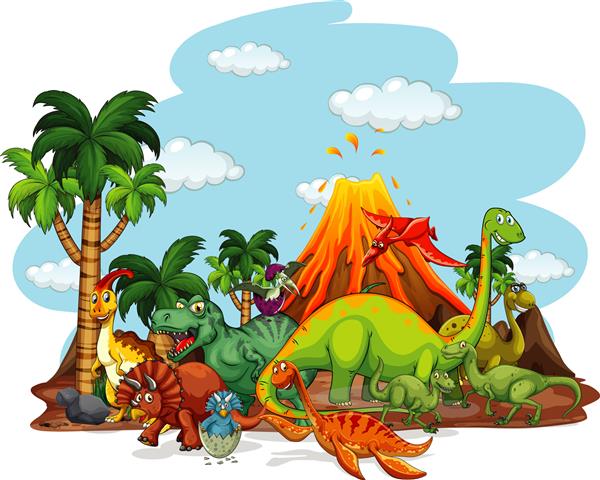 شخصیت کارتونی دایناسورها در صحنه طبیعت