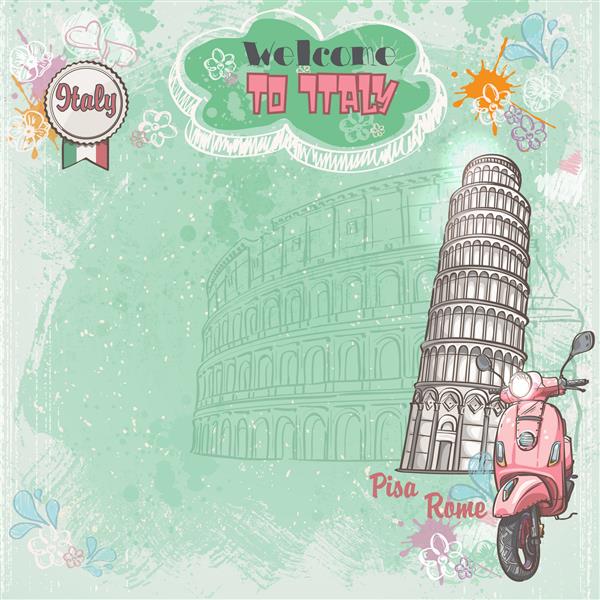 پس زمینه ایتالیا برای متن شما با تصویر کولوسئوم برج کج و موتورسیکلت صورتی