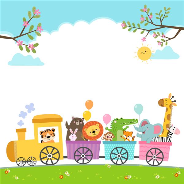 کارتون تصویری از حیوانات شاد در قطار