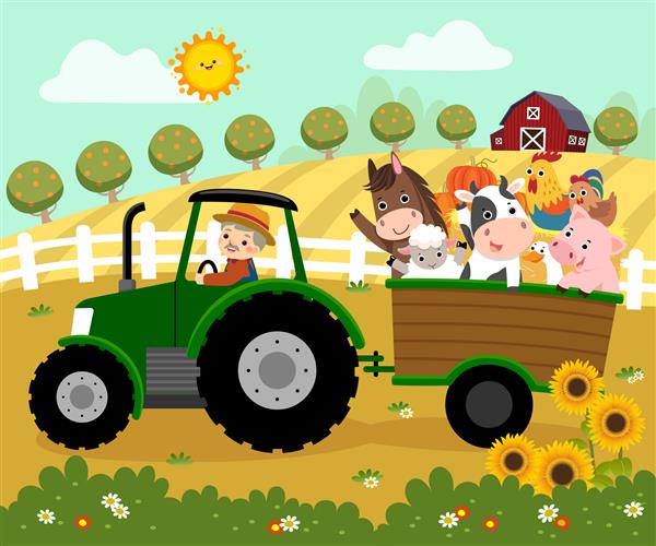 کارتون تصویری کشاورز مسن شاد در حال رانندگی با تراکتور با تریلر که حیوانات مزرعه را در مزرعه حمل می کند
