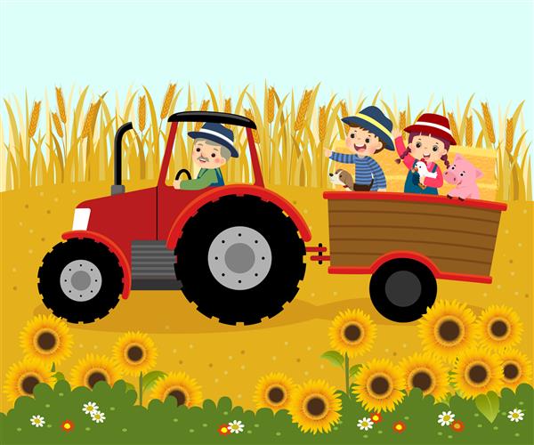 کارتون تصویری از کشاورز مسن شاد در حال رانندگی با یک تراکتور با بچه ها و عدل های کاه روی تریلر با پس زمینه گندم