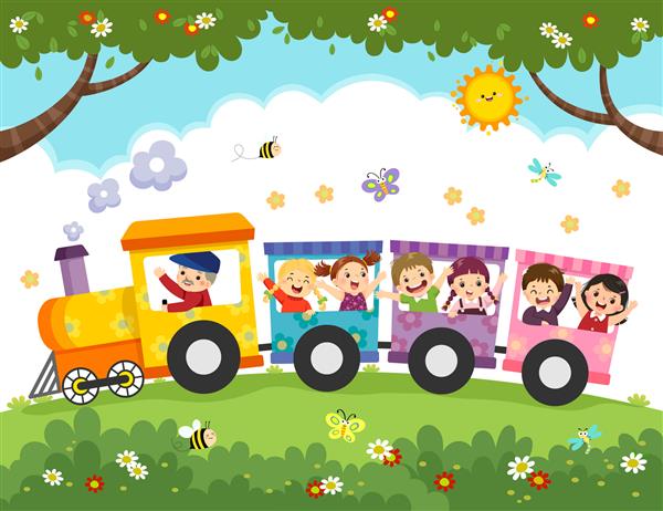 کارتون تصویری بچه های شاد با قطار