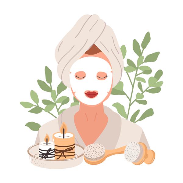 زن جوان با ماسک صورت و برگ های استوایی مراقبت از پوست درمان آرامش آبگرم خانگی روال مراقبت از پوست تصویر