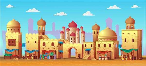 پانورامای شهر باستانی عربی با خانه ها و بازار عربی به سبک کارتونی