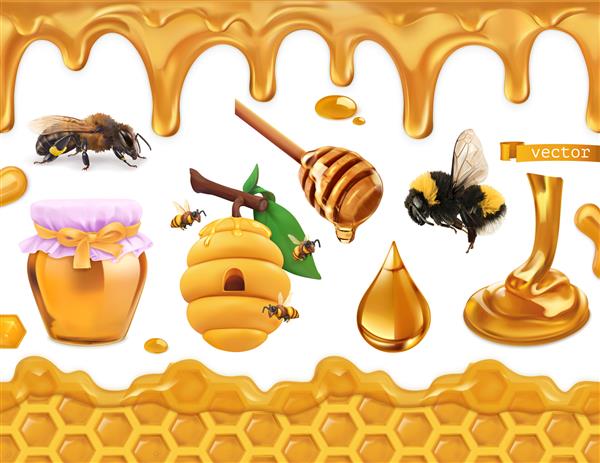 مجموعه 3 بعدی واقع گرایانه عسل زنبور عسل کندو لانه زنبور و قطره