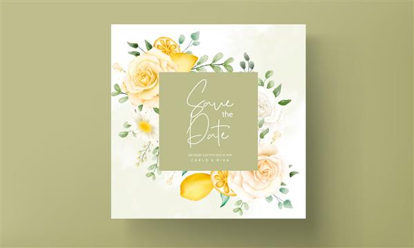 کارت دعوت عروسی با رزهای تابستانی زیبا و قاب تاج گل لیمویی