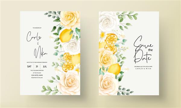 کارت عروسی گلدار آبرنگ تابستانی با میوه لیموی گیاهی