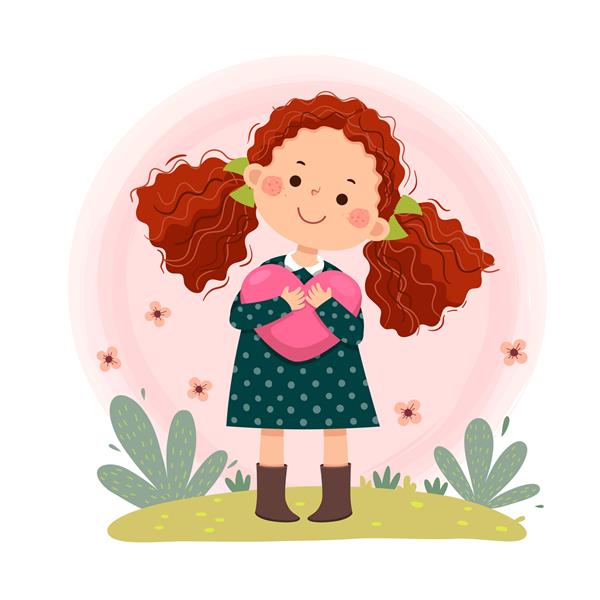 کارتون دختری با موهای مجعد قرمز کوچک که به شکل قلب در آغوش گرفته است عشق به خود مراقبت از خود