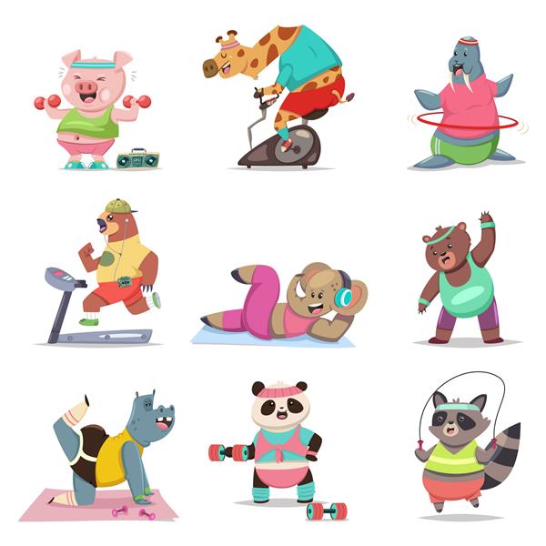 حیوانات بامزه در حال انجام ورزش تناسب اندام و سبک زندگی سالم مجموعه شخصیت های کارتونی زیبا