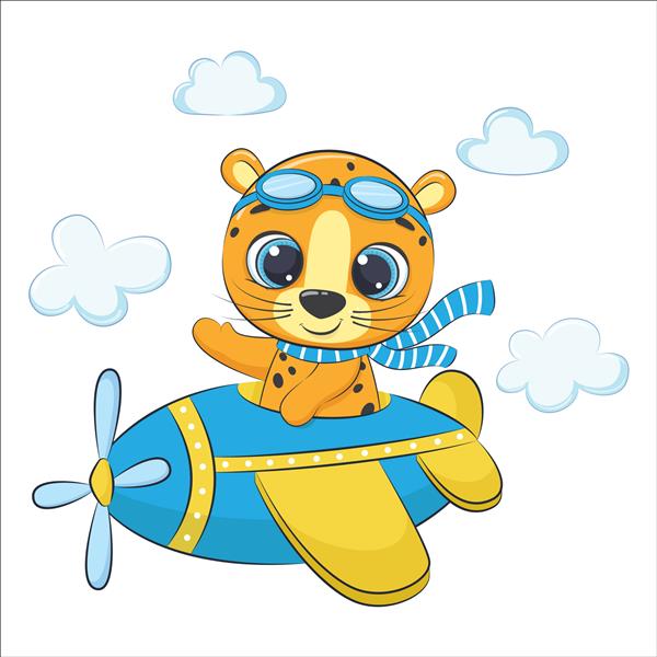 بچه پلنگ ناز در حال پرواز در هواپیما تصویر کارتونی