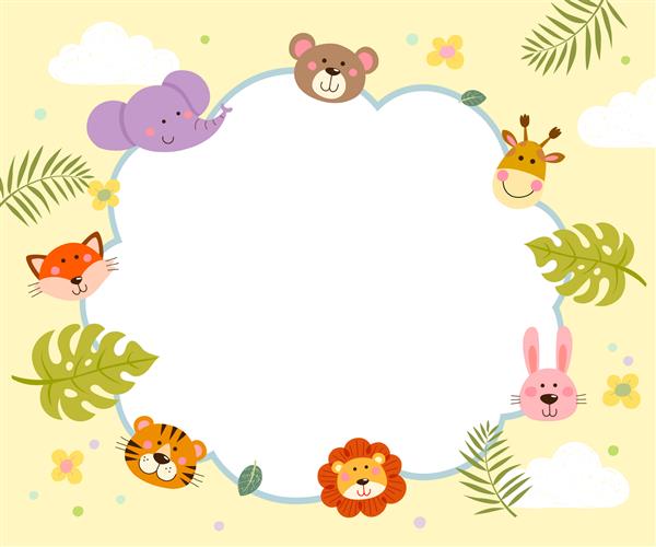 قالب بروشور تبلیغاتی با کارتونی از حیوانات وحشی زیبا و برگ های استوایی