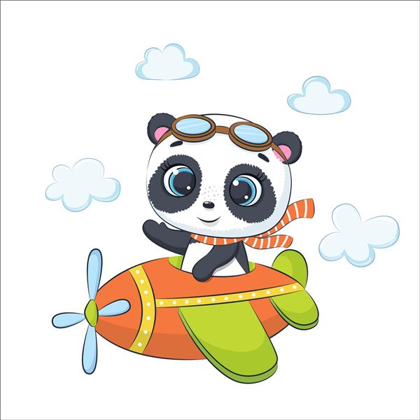 بچه پاندا ناز در حال پرواز در هواپیما است تصویر برداری کارتونی