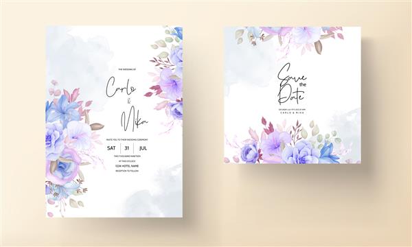 طرح کارت دعوت عروسی گل و برگ های آبی و بنفش زیبا