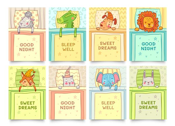 کارت رویاهای شیرین با ست حیوانات خوابیده خواب حیوان شیرین خرگوش خواب تمساح در خواب تصویر برداری