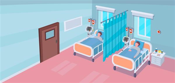 فضای داخلی اتاق بیمارستان با تخت های بیمارستانی و بیماران بردار