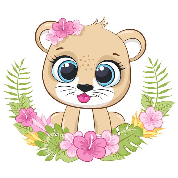 شیر ناز با گل و تاج گل تصویر برداری از یک کارتون