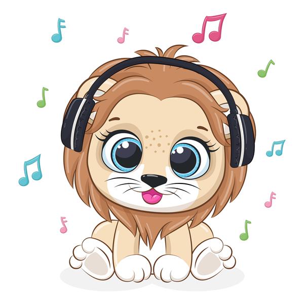 شیر ناز با هدفون به موسیقی گوش می دهد تصویر برداری از یک کارتون