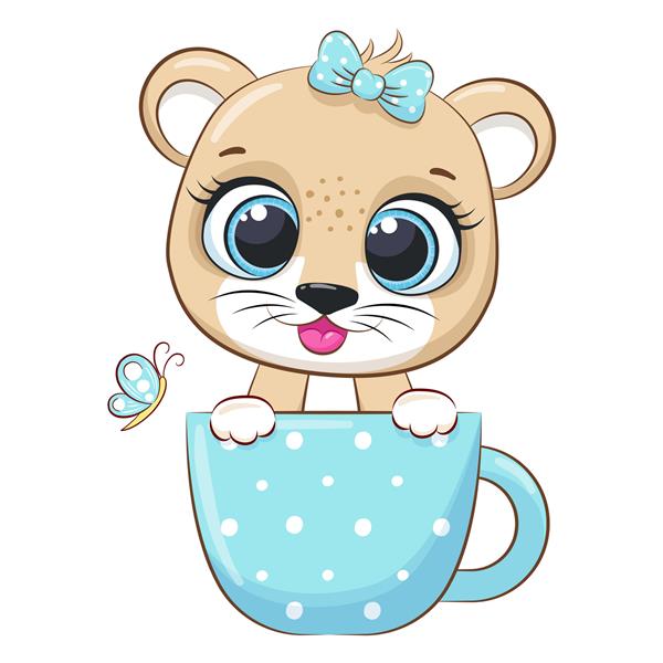 یک شیر دختر ناز در یک فنجان نشسته و لبخند می زند تصویر برداری از یک کارتون