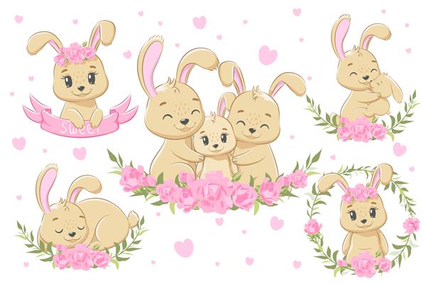 مجموعه ای از خانواده خرگوش های زیبا برای دختران تصویر برداری از یک کارتون