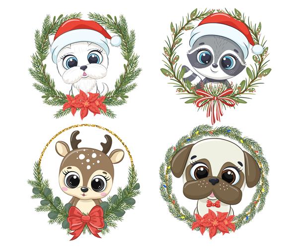 مجموعه ای از حیوانات زیبا برای سال جدید و برای کریسمس توله سگ سگ راکون گوزن شمالی تصویر برداری از یک کارتون