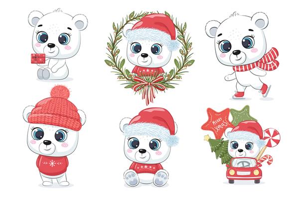 مجموعه ای از 6 خرس قطبی زیبا برای سال نو و کریسمس تصویر برداری از یک کارتون کریسمس مبارک
