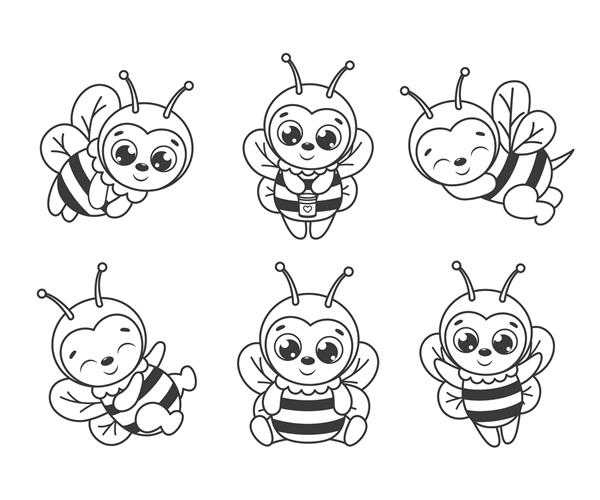 مجموعه ای از زنبورهای کارتونی زیبا تصویر برداری سیاه و سفید برای یک کتاب رنگ آمیزی ترسیم کانتور