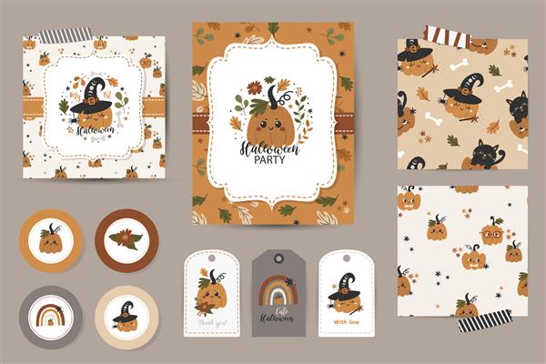 مجموعه ای از دعوت نامه هالووین کارت های تشکر برچسب ها و الگوهای بدون درز قالب با کدو تنبل زیبا