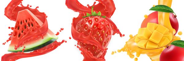 پاشیدن آبمیوه هندوانه توت فرنگی انبه میوه های تابستانی و انواع توت ها مجموعه آیکون های وکتور سه بعدی واقع گرایانه
