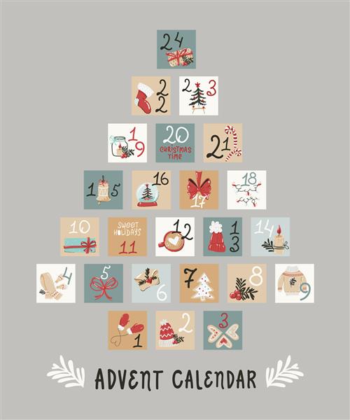 تقویم ظهور تعطیلات به شکل درخت کریسمس آماده برای چاپ