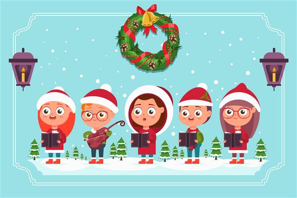 پایکوبی کریسمس گروه کر بچه های ناز با کلاه بابا نوئل با ویولن و کتاب تصویر کارتونی وکتور جدا شده در منظره زمستانی