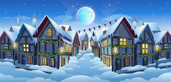 خیابان شهر قدیمی با خانه‌هایی به سبک کلبه و درخت کریسمس در تصویر کارتونی وکتور زمستانی