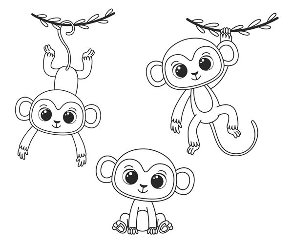 مجموعه ای از میمون های کارتونی زیبا تصویر برداری سیاه و سفید برای یک کتاب رنگ آمیزی ترسیم کانتور