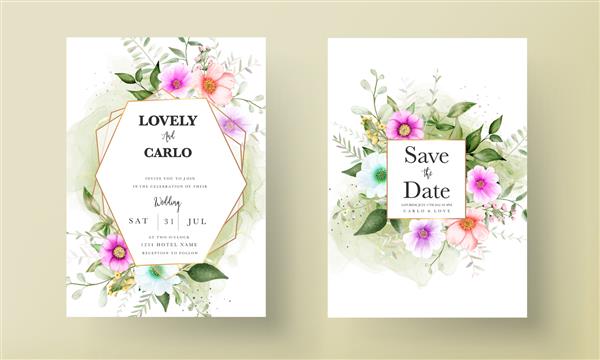 کارت دعوت عروسی با آبرنگ گل و برگ زیبا