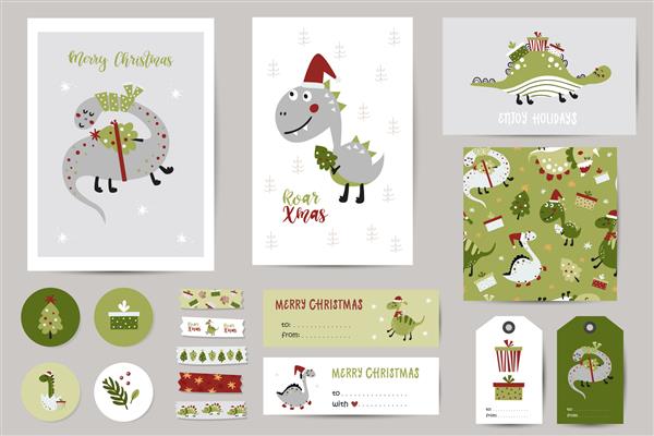 مجموعه کریسمس با کارت های کریسمس یادداشت ها برچسب ها برچسب ها تمبرها برچسب ها با دایناسورهای زیبا