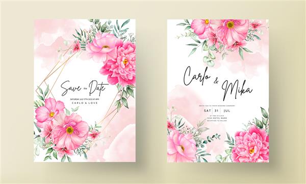 قالب ست کارت دعوت عروسی با گل و برگ زیبا با آبرنگ